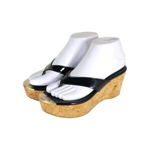 Jimmy Choo Women's Pathos Black 38 US7,5 Patent Leather Cork Thong Wedge Sandals